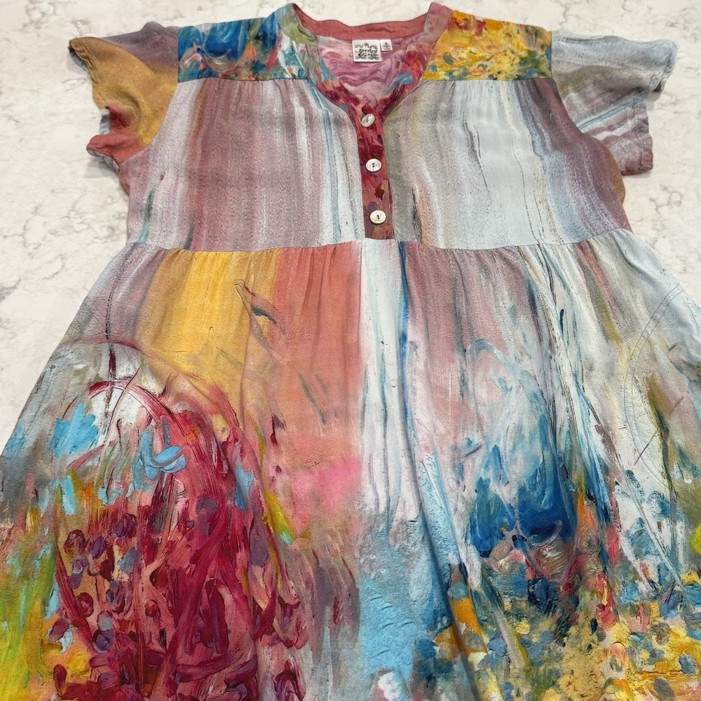 Parsley & Sage Dress Abstract Watercolor Print S V-Neck Short Sleeve